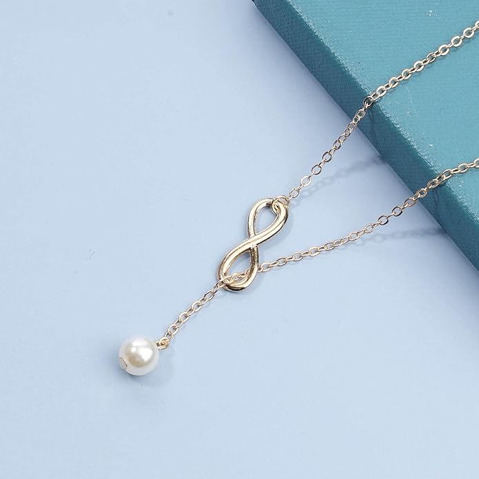 Boho Pearl Infinity Necklace Silver Y Pearl Necklace Minimalist Chain Y Lariat Necklace Chain Jewelry for Women and Girls-VivaGrace Women