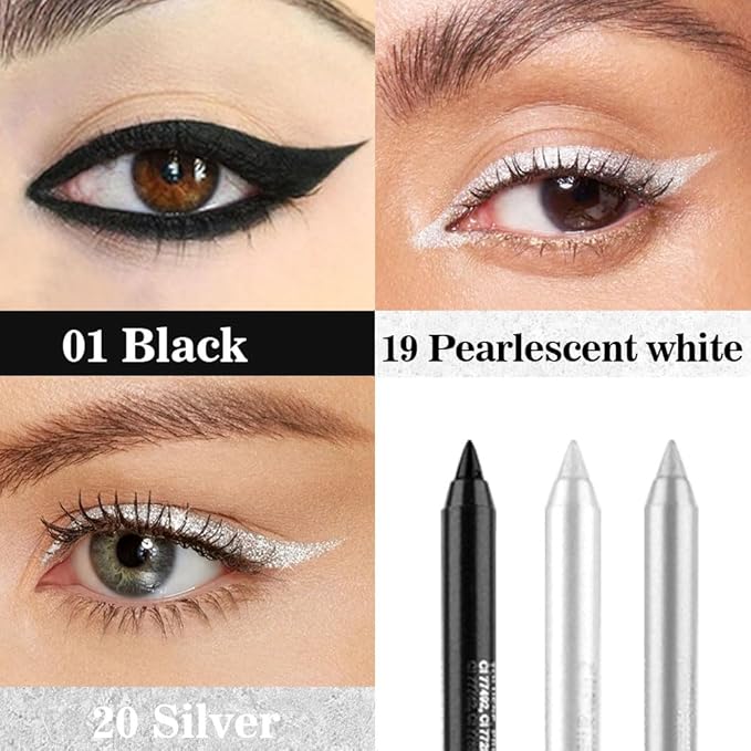 evpct 3Pcs Black & Pearl White & Silver Gel Glitter Eyeliner Pencils Set for Women Waterproof Smudge Proof lapiz de ojos delineador de ojos contra el agua Eye Liner Makeup 01 19 20
