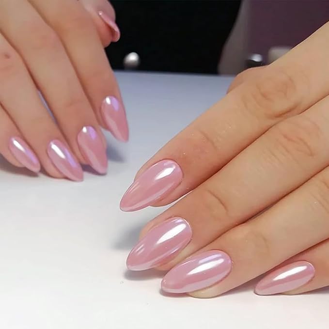 Pink Chrome Press on Nails Almond Medium Fake Nails with Designs Full Cover False Nails Glossy Glue on Nails for Women and Girls
