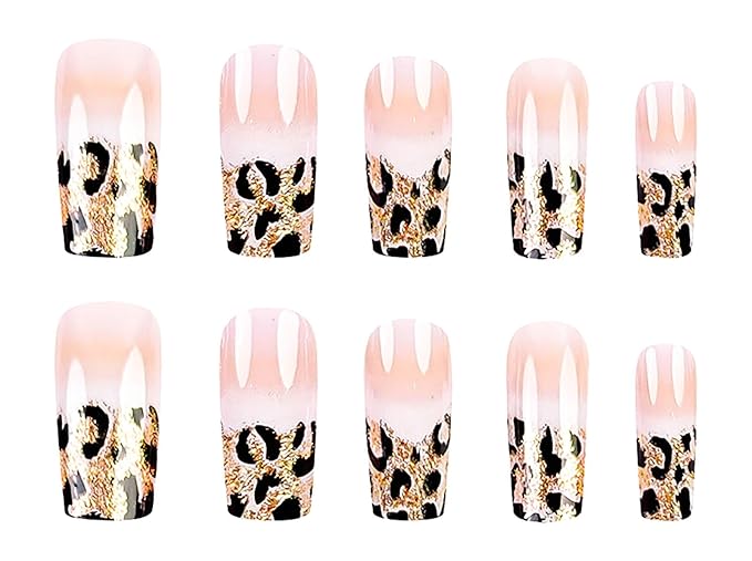 Medium Square Press on Nails French Tip Fake Nails Glitter Ombre False Nails with Leopard Designs Medium Nail Press ons Sparkly Artificial Nails Cute Stick on Nails for Women 24Pcs