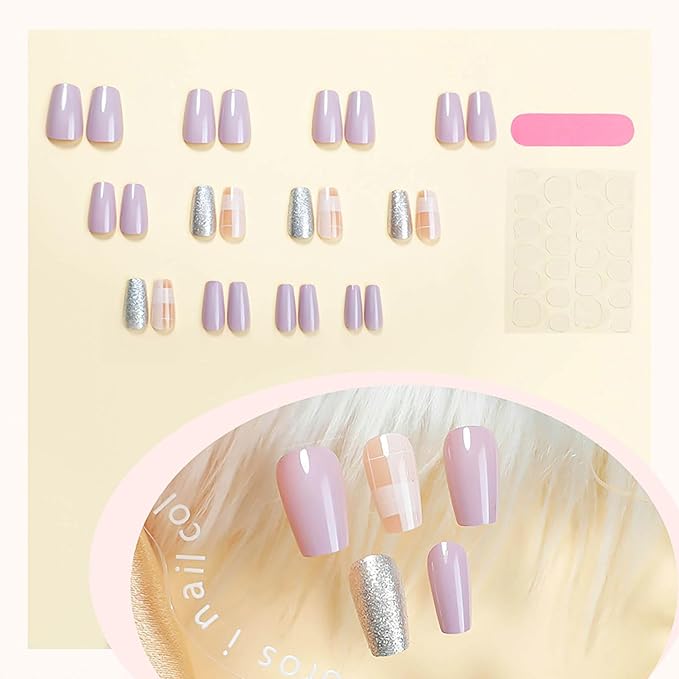 Medium Coffin Press on Nails Pink Fake Nails Silver Glitter False Nails with Designs Coffin Nail Press ons Full Cover Glue on Nails Glossy Artificial Nails Cute Stick on Nails for Women 24Pcs