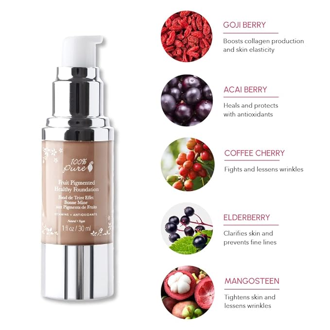 100% PURE Healthy Foundation Full Face Coverage Makeup, Liquid Matte Finish with Anti-Aging Benefits - Vegan Gorgeous Fruit Pigmented Toffee Color (Tan with Neutral Undertone) - 1 Fl Oz-VivaGrace Women
