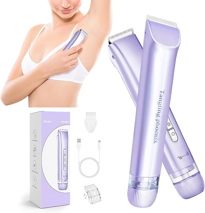 2-in-1 Electric Shaver & Bikini Trimmer for Women-Painless Electric Razor for Face,Body & Intimate Areas,Cordless Wet/Dry Shaver with Dual Blades,Waterproof for Shower&Travel(Purple)-VivaGrace Women