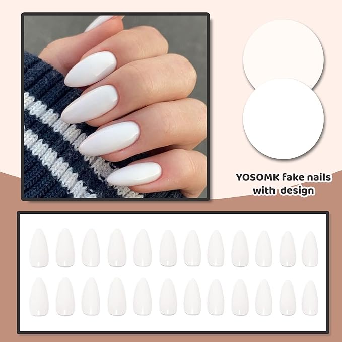 Medium Press on Nails Almond Fake Nails with Pure Color Designs White Glue on Acrylic Nails Glossy False Nails for Women and Girls