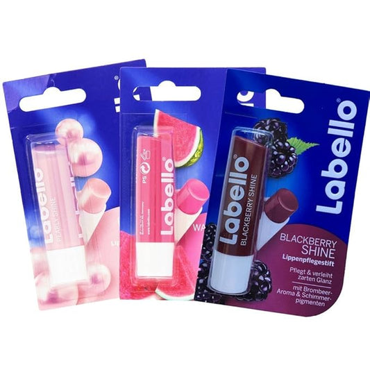 Labello Pearly Shine, Labello Watermelon Shine, Labelle Blackberry Shine Lip Balm Bundle-VivaGrace Women