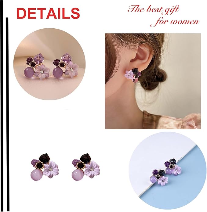 Boho Amethyst Flower Drop Earrings Vintage Purple Rhinestones Flora Petal Earrings Statement Purple Rose Studs Wedding Prom Geometric Crystal Flower Earrings Jewelry for Women-VivaGrace Women