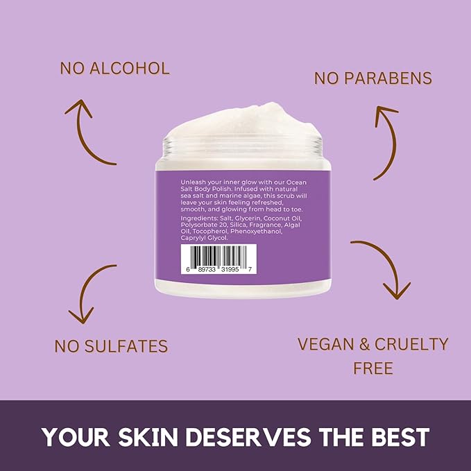Sea Salt Body Scrub by Florida Suncare - Ocean Salt Body Polish Infused with Marine Algae - Exfoliating Face and Body Scrub -Facial Scrub Exfoliator to Tackle Acne, Scars (Plum & Vanilla Woods, 3.3oz)-VivaGrace Women
