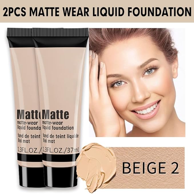 2 Pack Liquid Foundation Cream for Face Makeup,Durable Full Coverage Matte Concealer Make Up,Oil Control & Waterproof Base Primer -1+1 Fl.Oz-BEIGE 2#-VivaGrace Women