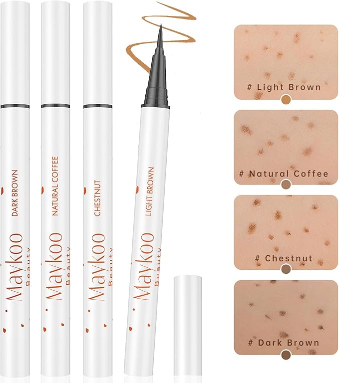 4 Colors Freckle Pen Set, Natural Lifelike Face Fake Freckle Stamp Makeup Pen Waterproof Long Lasting Quick Dry Faux Freckles Sun-kissed Makeup-Light Brown,Natural Coffee,Chestnut,Dark Brown-VivaGrace Women