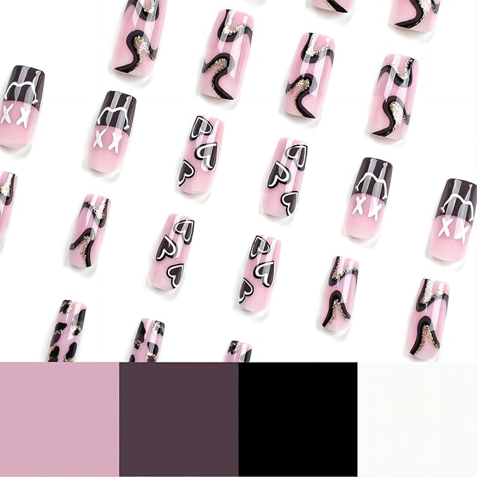 Square Press on Nails Medium Length Fake Nails with Glue Purple Acrylic False Nails with Brown Striped Love Heart Designs Glossy Gold Glitter Artificial Nails Fall Winter Stick on Nails 24Pcs