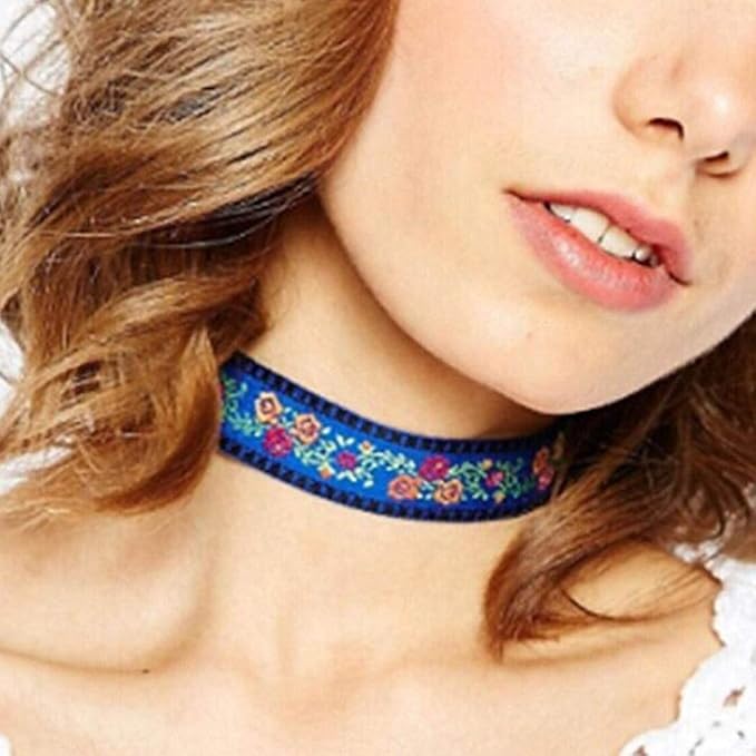 Boho Necklace Flower Choker Necklace Leaves Chain Necklace Jewelry for Women and Girls (Blue)-VivaGrace Women
