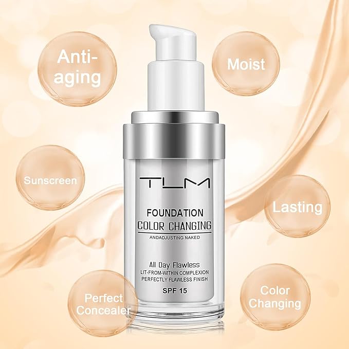 2 PACK TLM Color Changing Foundation Liquid Base,TLM Concealer Cover Cream,All Day Flawless Warm Skin Tone BB Cream Makeup Base Concealer for All Skin SPF15-VivaGrace Women