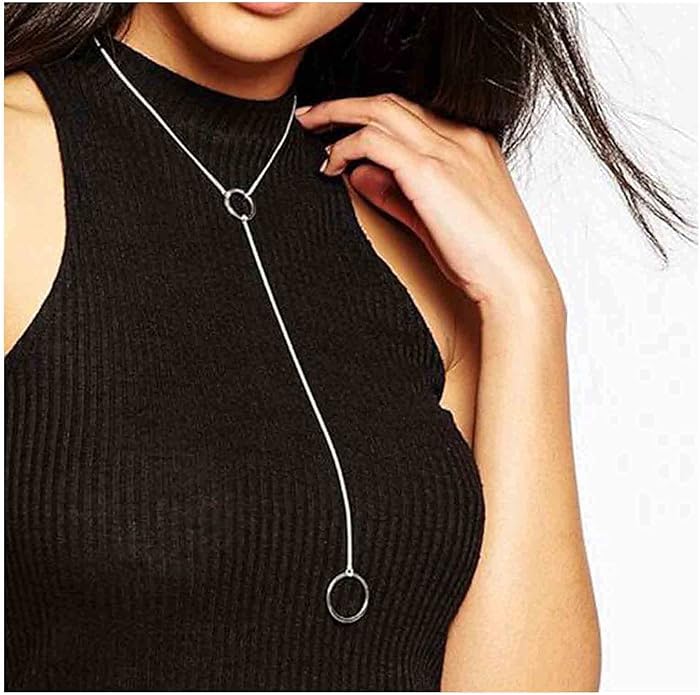 Boho Long Circle Pendant Necklace Silver Y Lariat Necklace Minimalist Y Drop Chain Necklace Jewelry for Women-VivaGrace Women