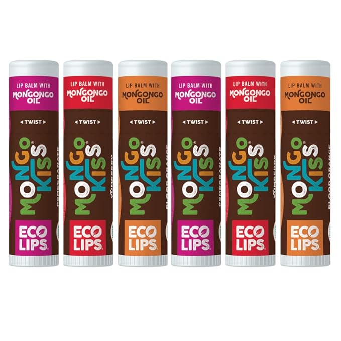 Mongo Kiss Organic Lip Balm 6-Pack by Eco Lips 100% Organic Beeswax & Cocoa Butter Lip Care with Mongongo Oil - Soothe & Moisturize Dry & Cracked Lips - Made in USA. (Pomegranate, Yumberry, Blood Oran-VivaGrace Women