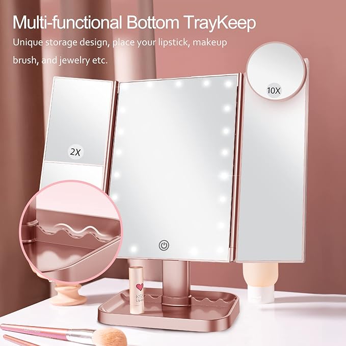 HUONUL Makeup Mirror, 10X 3X 2X Magnification, Lighted Makeup Mirror, Touch Control, Dual Power Supply, Portable LED Mirror, Women Gift (Rose Gold)-VivaGrace Women