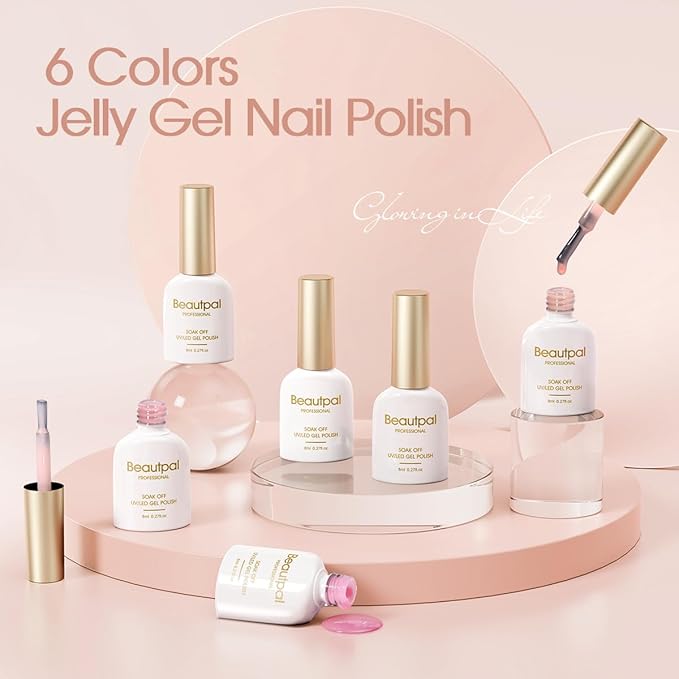 Beautpal Jelly Gel Nail Polish Set Sheer Nude Jelly Pink Gel Polish Transparent Gel Polish Set for Salon Gel Manicure and Nail Art DIY at Home 8ML 6PCS