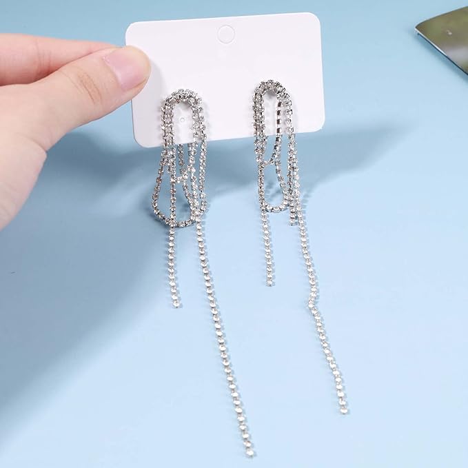 Rhinestone Tassel Ear Jacket Earrings Long Rhinestone Chain Earrings Silver Crystal Tassel Earrings Vintage Chandelier Chain Earrings Luxury Statement Earrings Jewelry for Women and Girls Gifts-VivaGrace Women