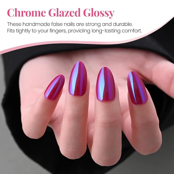Aurora Chrome Red Press On Nails Short Almond 30 Pcs, Designer Reusable Acrylic Fake Nails with Glue, Glossy Soft Gel Nails Wedding and Party, Stick On Glue On Nails, Nails fro Women Gift