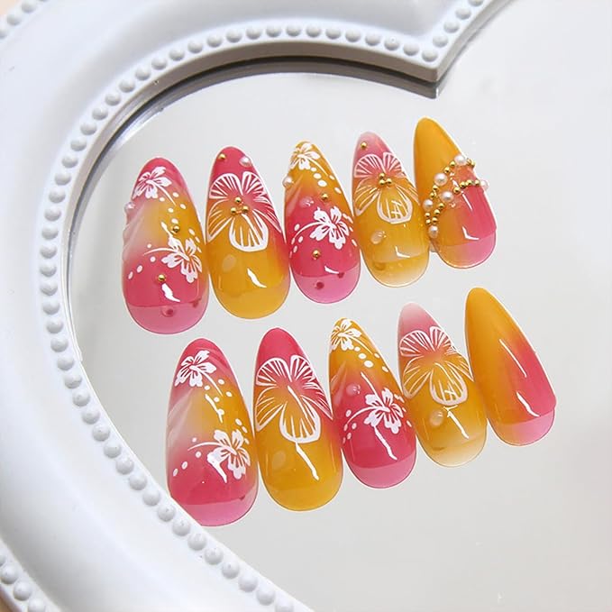 24Pcs Flower Press on Nails Medium Almond Handmade Fake Nails with 3D Pearl Charms Design Orange Red False Nails Full Cover Artificial Glue on Nails Spring Summer Stick on Nails for Women DIY Manicure