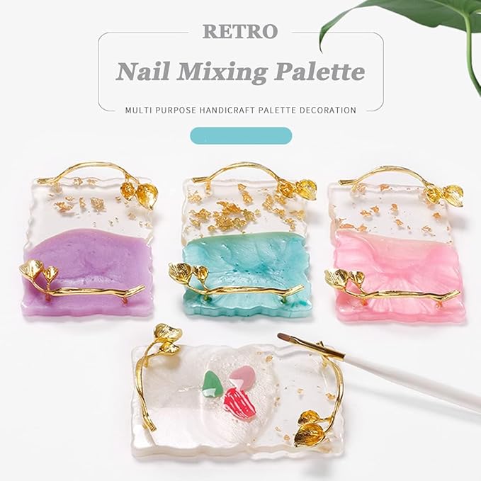 2023 Retro Nail Art Palette, Nail Painting Mixed Color Palette with Leaves Handle, Nail Holder Gel Color Makeup Display Board Pallet (White)-VivaGrace Women