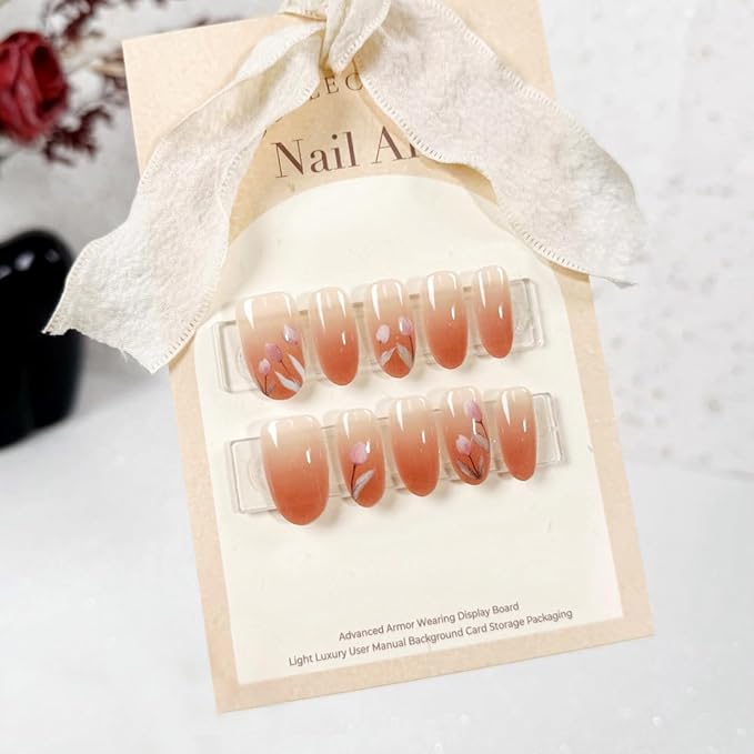 Spring Nails Flower Press On Nails Oval Short 30 Pcs, Designer Reusable Acrylic Fake Nails with Glue, Glossy Soft Gel Nails Wedding Outing Party, Stick On Glue On Nails, Nails for Women Gift