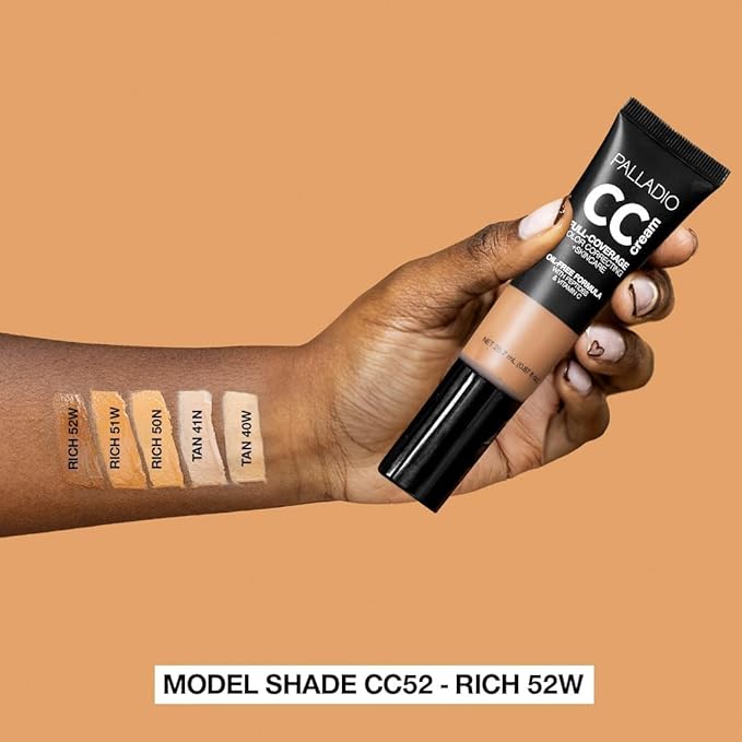 Palladio Full-Coverage Color Correction CC Cream, Oil-Free with Peptides & Vitamin C, Best for Correcting Redness and Uneven Skin Tone, Buildable Foundation Coverage (Rich 52W)-VivaGrace Women