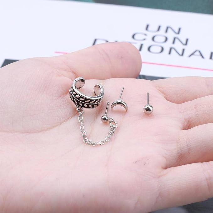 Bohemia Moon Cuff Chain Earrings Silver Chain Climber Dangle Earrings Tassel Chain Cartilage Earrings Chain Drop Dangle Earrings Set for Women and Girls-VivaGrace Women