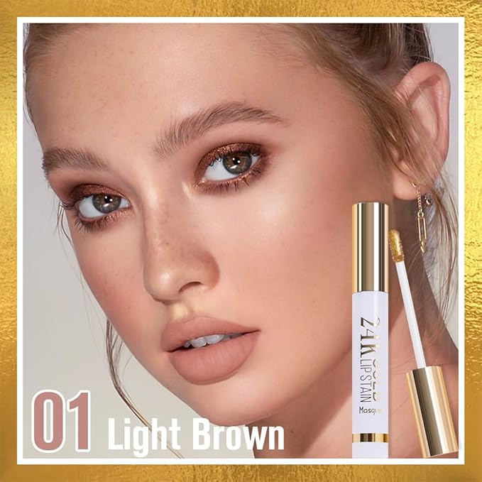 2Pcs 2025 New 24K Gold Liquid Lip Gloss Peel Off Lip Stain Tattoo with Tweezer, Lips Stain Peel Off Masque, Long Lasting Waterproof Lip Tint Stain, Transfer-proof for All Skin Types 01#+02#-VivaGrace Women