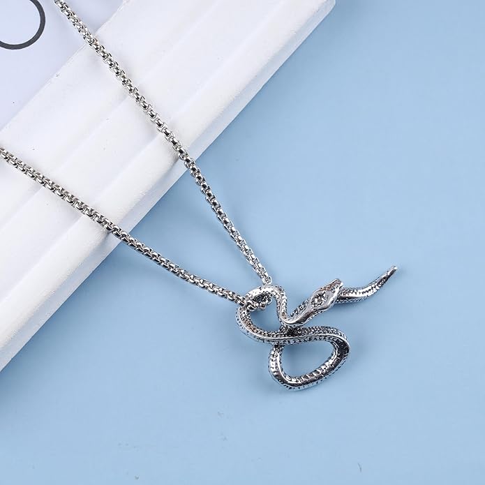 Vintage Snake Pendant Necklace Punk Snake Necklace Serpent Choker Necklace Silver Box Chain Necklace Jewelry for Women-VivaGrace Women