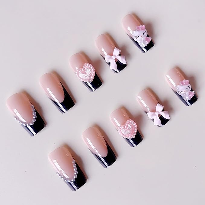 Cute Press on Nails Medium Long Black French Fake Nails Square Pink Glossy 3D Heart False Nail Tips Artificial Nails Finger Manicure for Women and Girls 24pcs