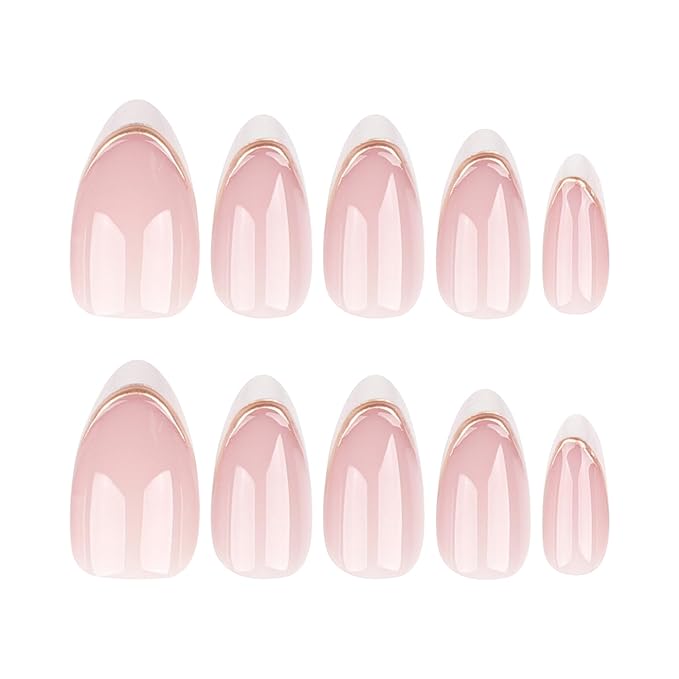 French tip Press On Nails Short almond 30 Pcs, Gold French Tips Designer Reusable Acrylic Fake Nails with Glue, Soft Gel Nails Wedding and Party, Stick On Glue On Nails, Nails for Women