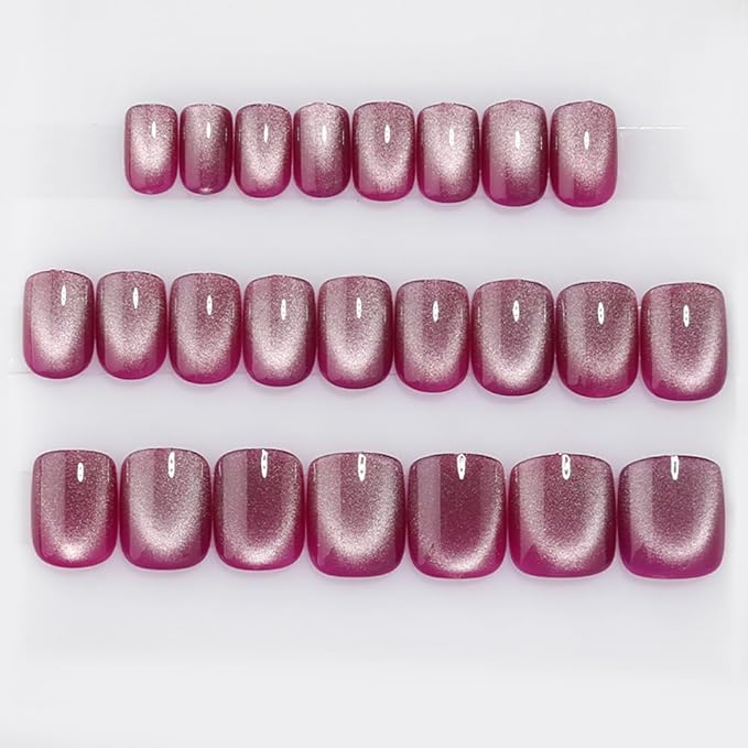 Rose Purple to White Gradient Press On Nails Short Square Cat Eye Nails, Fashion Gel Fake Nails, Reusable Acrylic Fake Nails, Glossy Stick On Nails for Women, Glue On Nails Kit, Purple Moonlight Glow