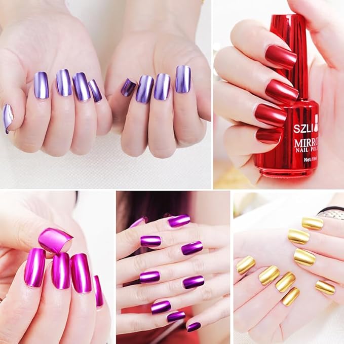 Nail Polish Metallic Mirror Effect Metal Long-Lasting Quick Dry Nail Lacquers, Shiny Chrome DIY Manicure (7#, 18ml)