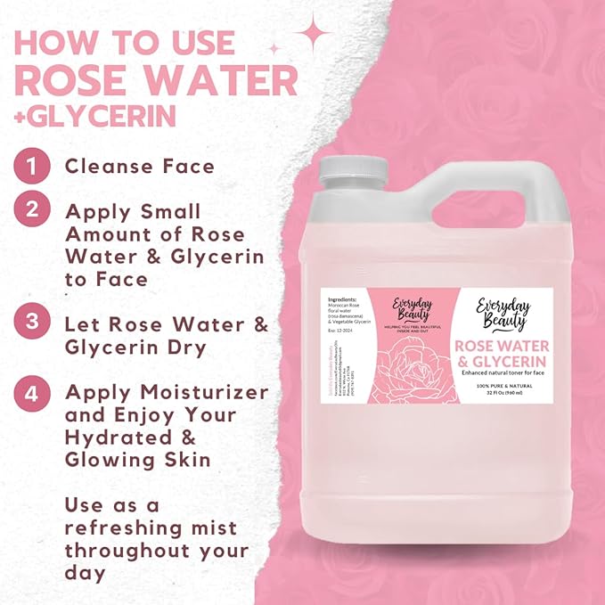 Rose Water & Glycerin Enhanced Facial Toner - 32oz Bulk Alcohol-Free Vegan All Natural Refreshing for Face and Hair - Uplifts, Calming & Soothing for All Skin Types…-VivaGrace Women