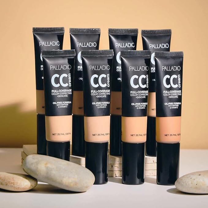 Palladio Full-Coverage Color Correction CC Cream, Oil-Free with Peptides & Vitamin C, Best for Correcting Redness and Uneven Skin Tone, Buildable Foundation Coverage (Rich 52W)-VivaGrace Women