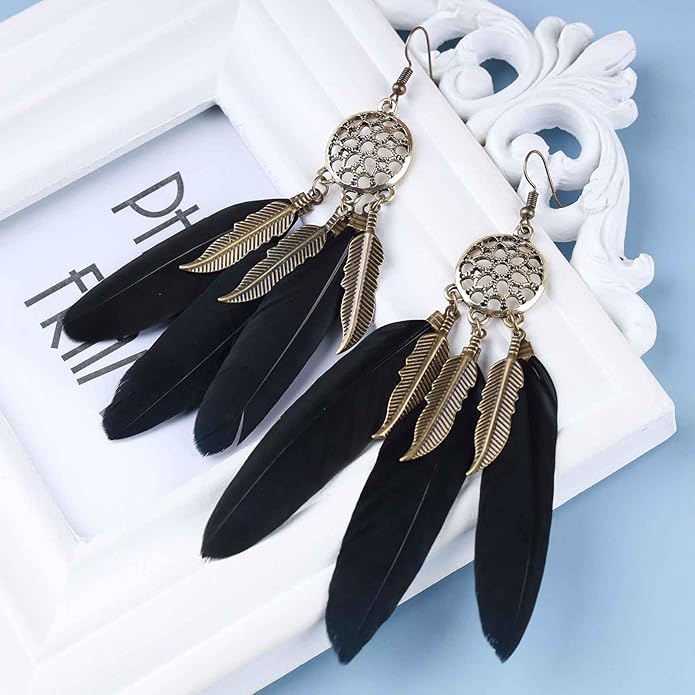 Boho Black Feather Dangle Earrings Long Feather Tassel Earrings Vintage Tribal Feather Earrings Gold Feather Drop Earrings Jewelry for Women-VivaGrace Women