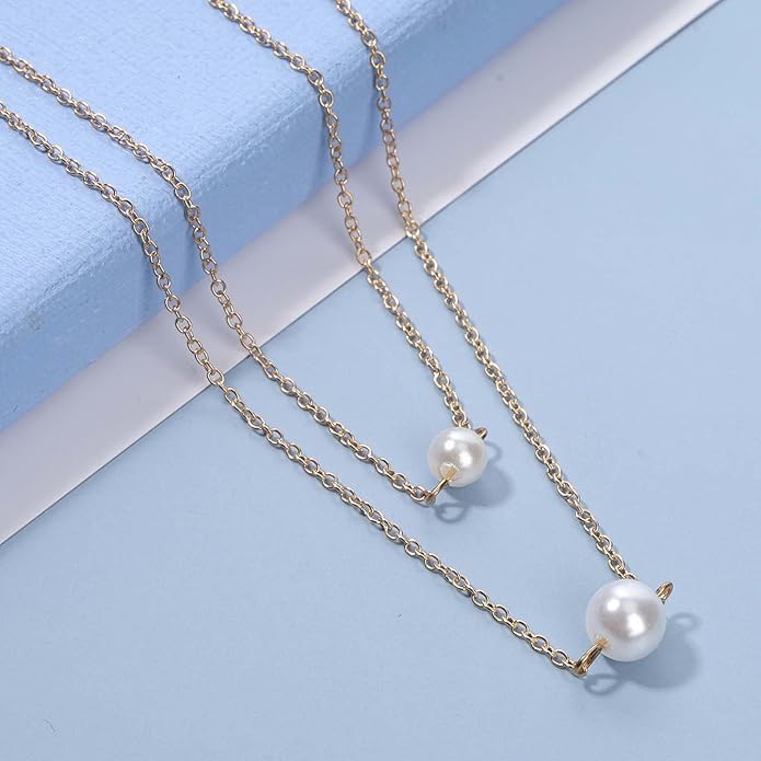 Boho Layered Pearl Necklace Choker Gold Pearl Pendant Necklace Multi Layer Vintage Necklace Chain Bridal Necklace Jewelry for Women and Girls-VivaGrace Women