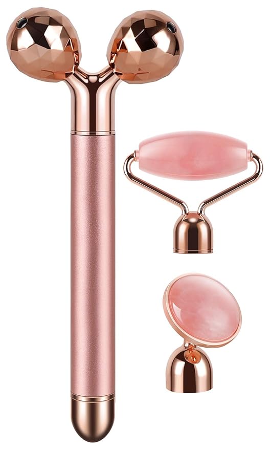 3-IN-1 Electric Jade Roller 3D Roller Facial Roller & Face Massager, Rose Quartz-VivaGrace Women