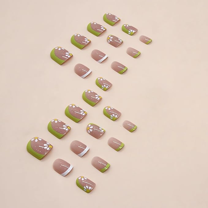 Cute Flower Press on Nails Short Fake Nails - LPOODDNU French Tip Press on Nails Square Shape False Nails Small Flowers Acrylic Nails Spring Summer Stick on Nails Short Artificial Nails for Manicure