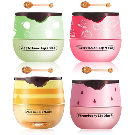4 Pcs Honey Lip Balm, Strawberry Apple Watermelon Lip Mask, Moisturizing Lip Sleeping Mask, Hydrate Repair Prevent Dry Cracked Lip (Honey+Strawberry+Apple Lime+Watermelon)-VivaGrace Women