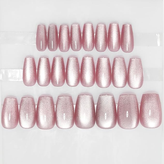 Nude Pink Medium Coffin Press On Nails, Cat Eye Press On Nails with Crystal Glow Design, Fashion Gel Coffin Fake Nails, Reusable Acrylic Fake Nails, Stick On Nails for Women, Glacial Rose