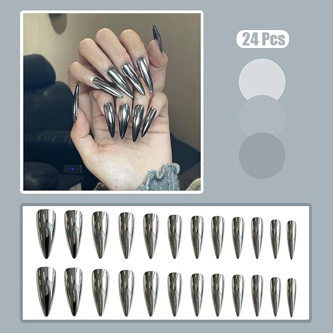 24pcs Silver Chrome Press On Stiletto Glossy Mirror Full Cover Acrylic Ballerina Glue On Almond Shape False Nails for Women & Girls