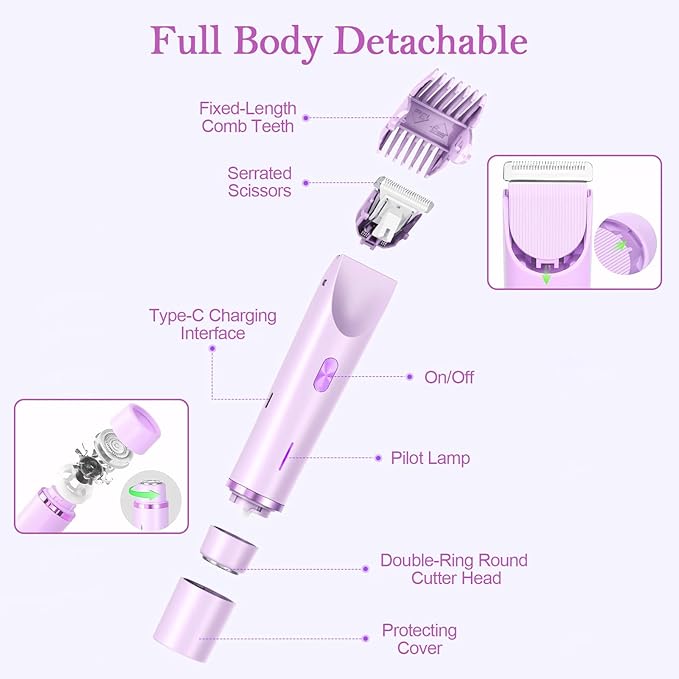 Dermave Bikini Shaver 2.0, 2025 New Glow Aura Bikini Trimmer for Women, 2 in 1 Dual Head Electric Razors for Women, IPX7 Waterproof Wet & Dry Electric Shaver, Portable Body Shaver (Purple)-VivaGrace Women