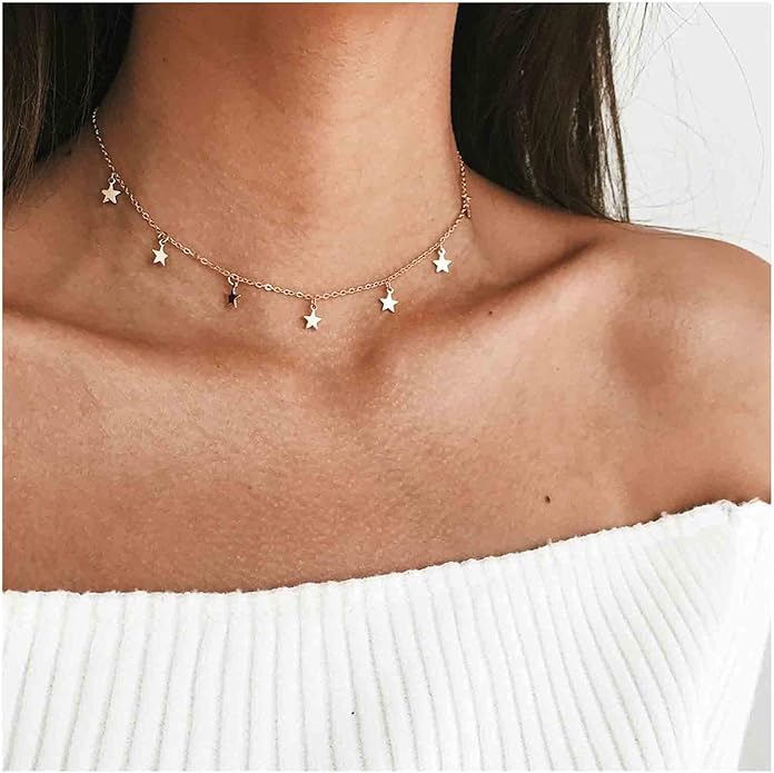 Boho Star Choker Necklace Gold Star Dangle Necklace Chain Short Minimalist Necklace Gold Collarbone Necklace Jewelry for Women Gifts-VivaGrace Women