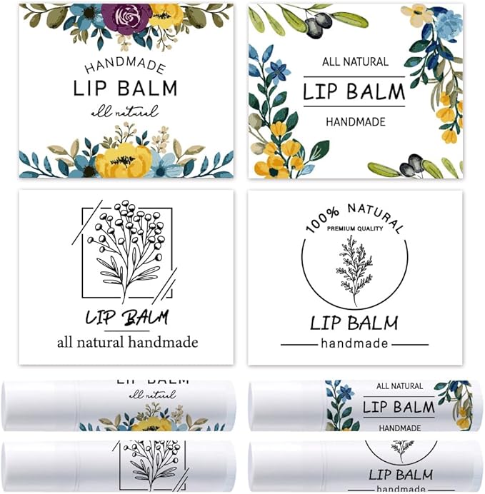 OLYCRAFT 100Pcs 4 Styles Lipstick Tag Stickers Flower Lip Balm Label Sticker 2.1x1.7 inch Self Adhesive Lipstick Labels with Handmade Words for Lip Balm Container Tubes Wrapping Decorations-VivaGrace Women