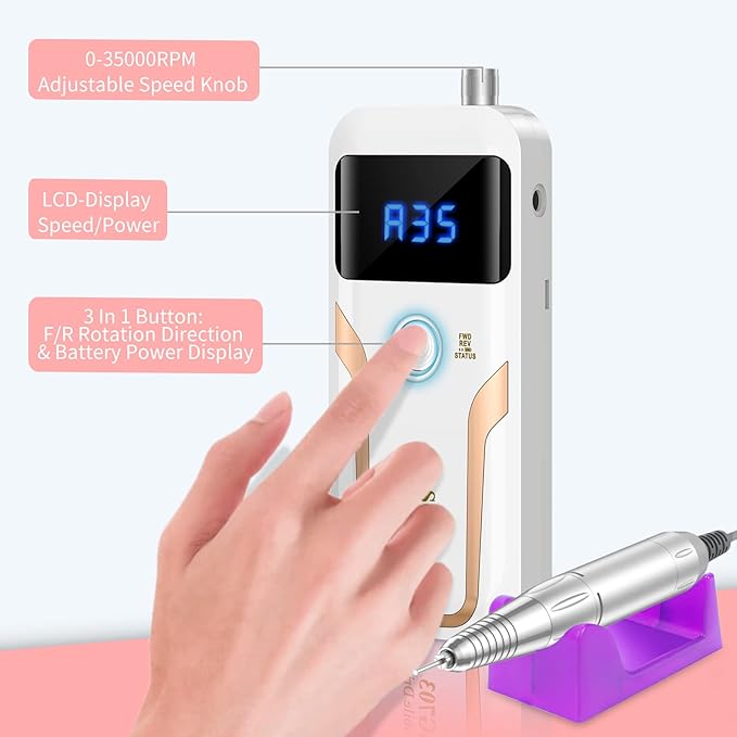 Portable Nail Drill Professional 35000 RPM, MOCOWIND Rechargeable Electric Nail File Machine for Acrylic Nails Gel Polishing Removing, Cordless E-File with Bits Kit for Manicure Salon Home, White-VivaGrace Women
