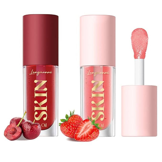 2Pack Big Brush Head Hydrating Lip Glow Oil Plumping Lip Tint, Hydrating Lip Gloss Tinted Lip Balm Transparent Lip Care, Long Lasting Nourishing Non-sticky Fresh Texture (Strawberry + Cherry)-VivaGrace Women