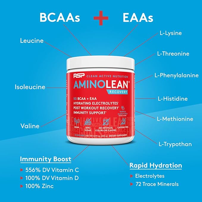 AminoLean Hydrating Electrolyte Powder and Recovery Drink with Sea Minerals, Nootropic Mushrooms, and Vegan Amino Acids, BCAAs + EAAs for Post Workout Muscle Building, Tropical Punch-VivaGrace Women
