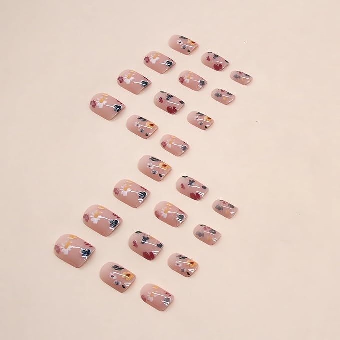 Extra Short Press on Nails Square Fake Nails Flower Designs - LPOODDNU 24 Pcs Spring False Nails Cute Small Acrylic Press on Nails Stick on Nails Reusable Artificial Nails for Women Manicure Supplies