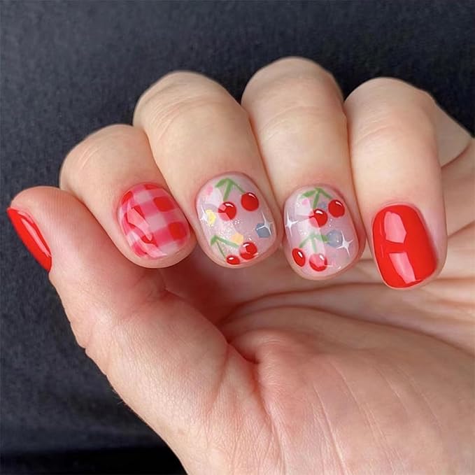 OCOUYVD 24 Pcs Extra Short Press on Nails Square False Nails with Red Cherry Designs Square Fake Nails Cute False Nails Glue on Nails Summer Acrylic Nails Fruit Stick on Nails for DIY Nail Art